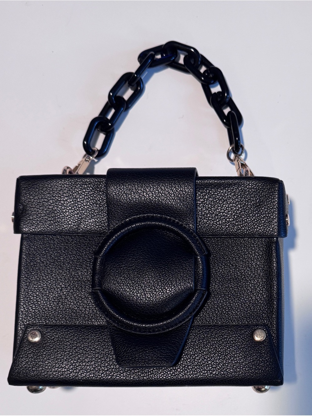 Textured Black Top-Handle Satchel with Circular Front Detail